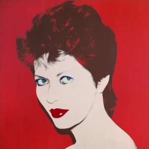 Ritratto di Regina Schrecker, 1983 Serigrafia stesa con telai di seta su tela, su fondo rosso, Cm 101,6x101,6